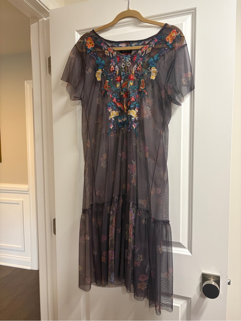 Johnny Was Black Sheer Midi Dress with Multicolor Floral Embroidery